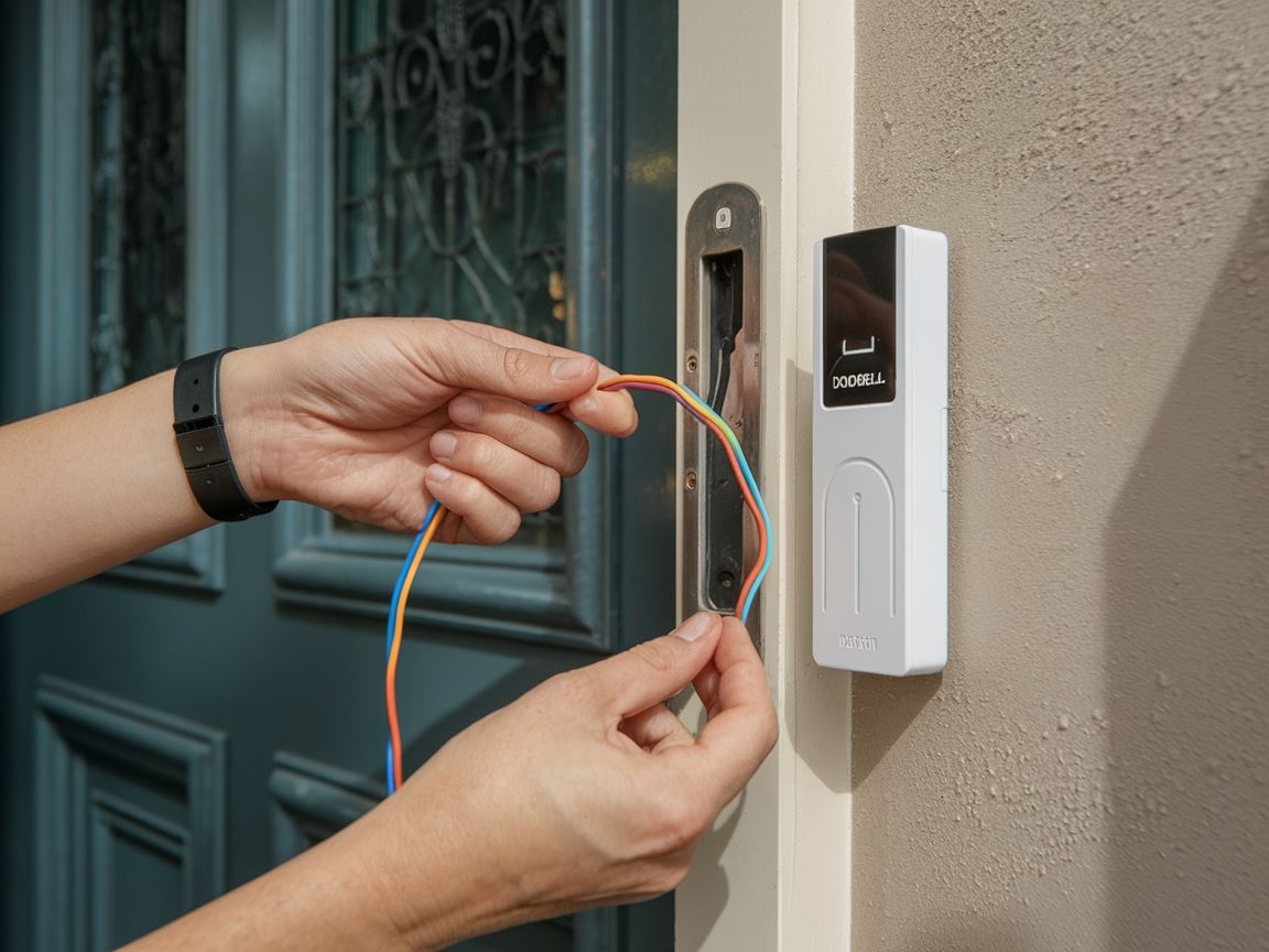 Nowoczesny dzwonek na tle drewnianych drzwi